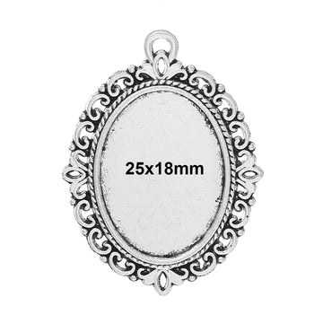P661 - 10 pcs. Antique Silver Oval Pendant Picture Photo Frame Bezel Setting Pendants Charms - Fits 25mm x 18mm - 25x18mm - Cabochons / Cameos