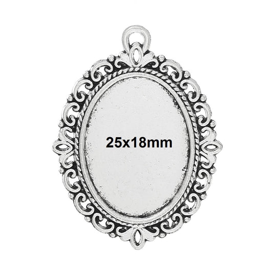 P661 - 10 pcs. Antique Silver Oval Pendant Picture Photo Frame Bezel Setting Pendants Charms - Fits 25mm x 18mm - 25x18mm - Cabochons / Cameos
