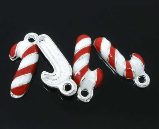 P890 - 20 pcs. Silver Plated Enamel Candy Cane Striped Christmas Charms Pendants - 19mm x 8mm
