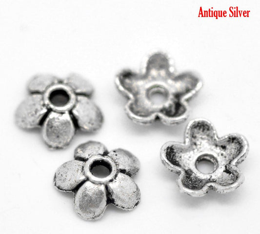 BD470 - 300 pcs. Antique Silver Flower Bead Caps - 5 Petals - 6mm x 6mm