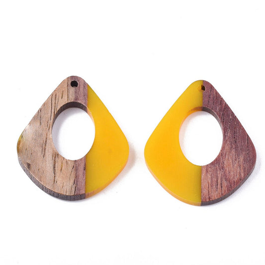 P1057 - 4 pcs. Yellow Mustard Resin and Wood Teardrop Flat Pendant - 33mm x 28mm - (1.3" x 1.1") - LARGE - Great for Earrings and Necklaces!