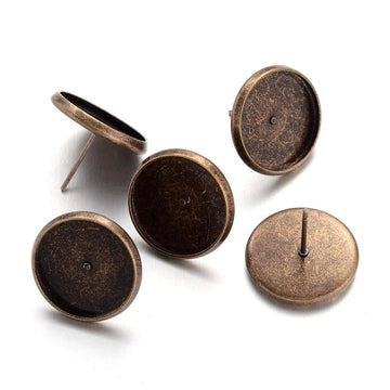 E341 - 10 pcs. Antique Bronze Earring Posts Studs Settings Bezels Cabochons Tacks - 14mm Glue Pad Setting - Made of Brass