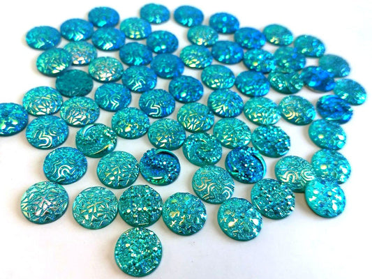 10 pcs Druzy Resin Embellishment Cabochons Aqua Blue Multicolor - 12mm (1/2 in) - Dome Circle - Textured Assortment