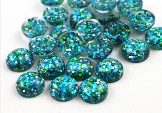 CA225 - 10 pcs Druzy Resin Embellishment Cabochons - 12mm - Glitter Style - Aqua Blue, Green and Silver
