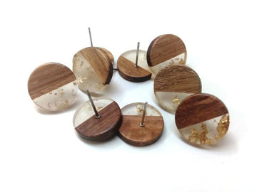 E801 - 6 pcs Wood and Resin Alloy Earring Posts Studs Tacks - 15mm - Silver Tone - Gold Metal Foil - Hole: 1.5mm - Rubber Backs Included!