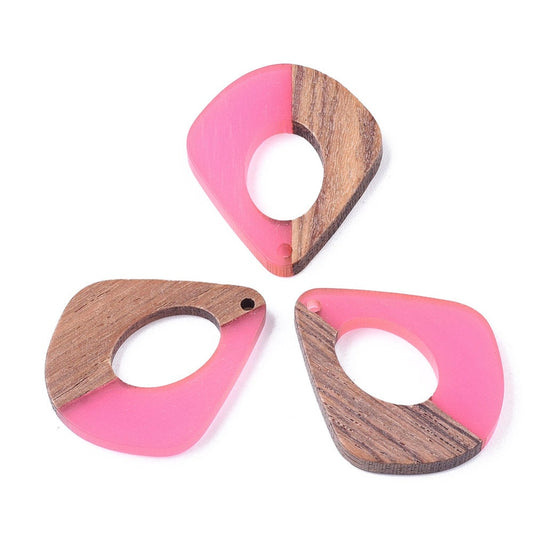 P1058 - 4 pcs. Pink Resin and Wood Teardrop Flat Pendant - 33mm x 28mm - (1.3" x 1.1") - LARGE - Great for Earrings and Necklaces!
