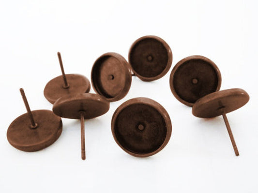 E777 - 10 pcs. Antique Copper Earring Posts Studs Settings Bezels Cabochons Tacks - 14mm Glue Pad Setting