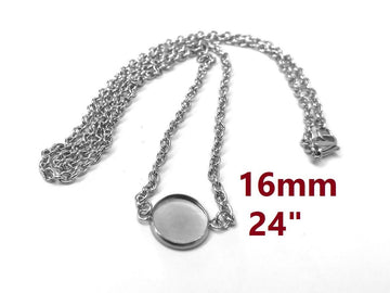 N212 - 3 pcs. 304 Stainless Steel Silver Tone Chain Necklaces - 24" (61cm) - 16mm Bezel - Tarnish Resistant!