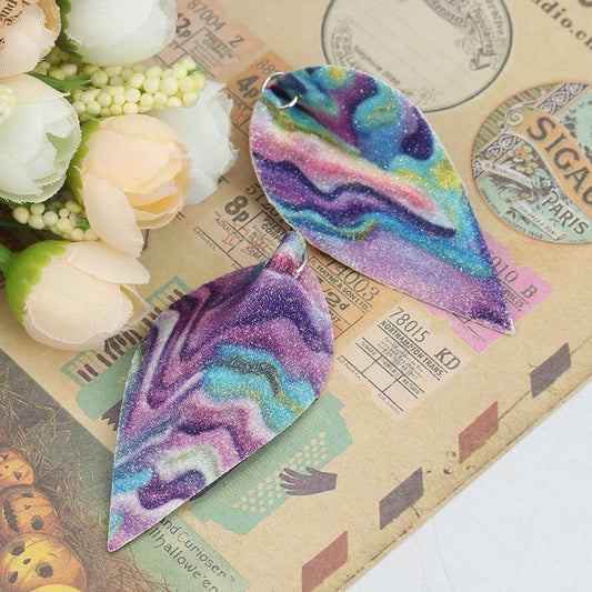 P159 - 10 pcs. Purple Multicolor Faux Leather Dangle Charms Pendants - Pinch Leaf - Silver Tone Jump Ring - 63mm (2.5") - Double Sided - Waves