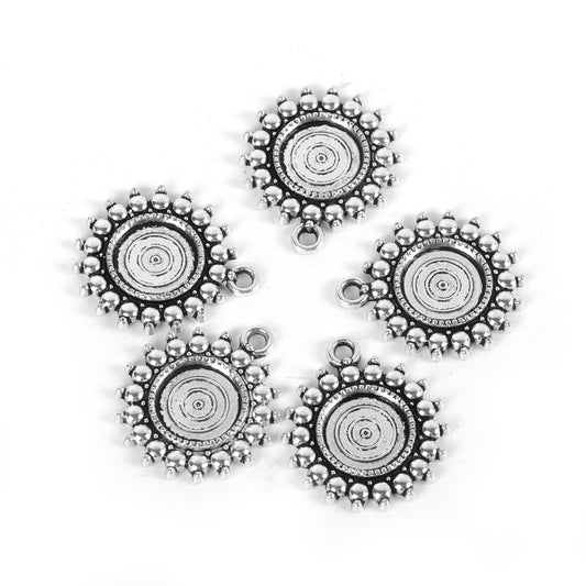P305 - 10 pcs. Antique Silver Circle Round Bezel Cabochon Pendant Tags Trays - 12mm Glue Pad Settings - Ball Frame Design