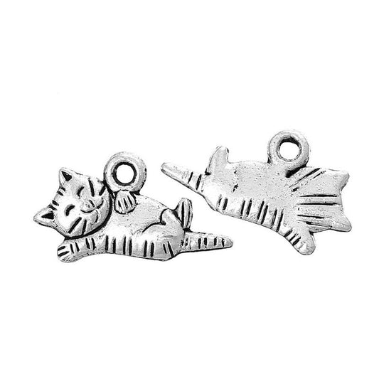 P593 - 25 pcs. Antique Silver Cat Laying Charms Pendants - 20mm X 11mm