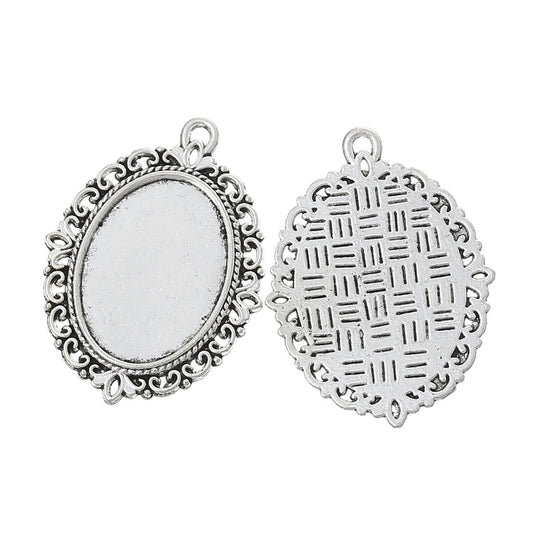 P661 - 10 pcs. Antique Silver Oval Pendant Picture Photo Frame Bezel Setting Pendants Charms - Fits 25mm x 18mm - 25x18mm - Cabochons / Cameos