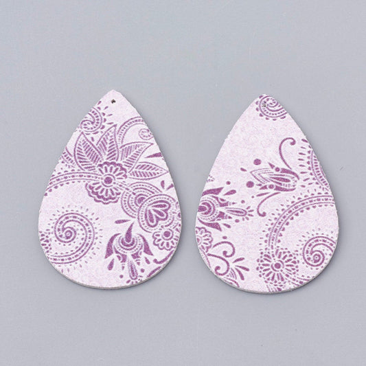 P798 - 10 pcs. Purple Filigree Floral Faux Leather Dangle Charms Pendants - Teardrop - 55mm (2.17") - Double Sided - Great for Earrings