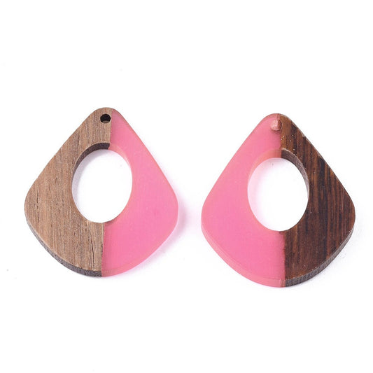 P1058 - 4 pcs. Pink Resin and Wood Teardrop Flat Pendant - 33mm x 28mm - (1.3" x 1.1") - LARGE - Great for Earrings and Necklaces!