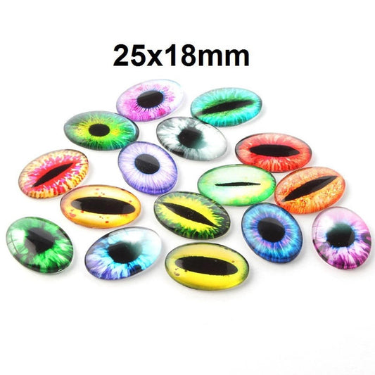 CA565 - 10 pcs Oval Dragon Cat Eyes Glass Round Dome Seals Tiles Cabochons - 25mm x 18mm - Assortment - 25x18mm - 5mm Thick