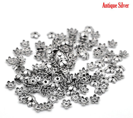 BD470 - 300 pcs. Antique Silver Flower Bead Caps - 5 Petals - 6mm x 6mm