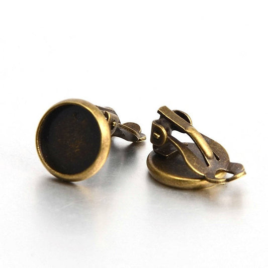 E778 - 10 pcs. Antique Bronze Earring Clips Settings Hinged Bezels Cabochons - 10mm Glue Pad Setting - Great for non-pierced ears!