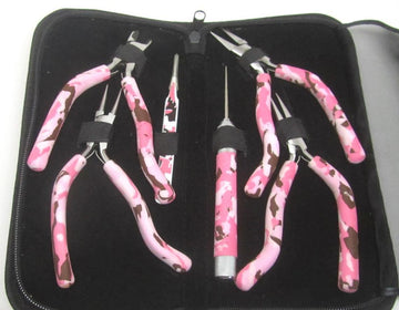 T073 - 6 pc. Camo Tool Plier Kit with Gun Handles - BeadSmith - Chain Nose, Round Nose, Flat Nose, Cutters, Tweezers, Reamer -Camo Zippered Pouch!