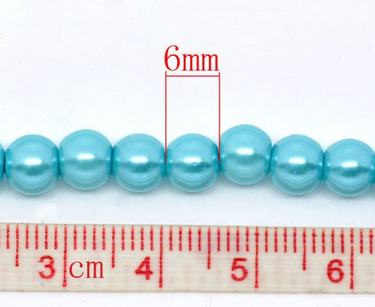 BD058 - 6mm Aqua Blue Glass Pearl Imitation Round Beads - 32 inch strand - Approx. 120 pieces - Hole Size: 1mm