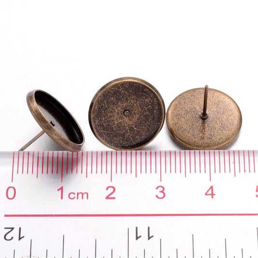 E341 - 10 pcs. Antique Bronze Earring Posts Studs Settings Bezels Cabochons Tacks - 14mm Glue Pad Setting - Made of Brass