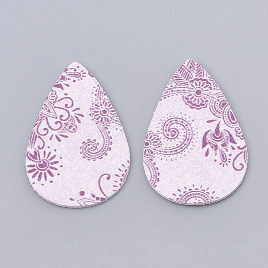 P798 - 10 pcs. Purple Filigree Floral Faux Leather Dangle Charms Pendants - Teardrop - 55mm (2.17") - Double Sided - Great for Earrings