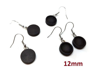 E802 - 10 pcs. 304 Stainless Steel Silver Tone Earring Dangle Hooks Settings Bezels Cabochons - 12mm Glue Pad Setting - Wood Trays - Black