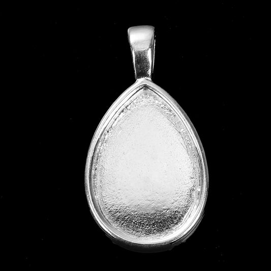 P439 - 5 pcs. Silver Plated Teardrop Bezel Cabochon Pendant Tags Trays - 25mm x 18mm Glue Pad - 25x18mm - 18x15mm
