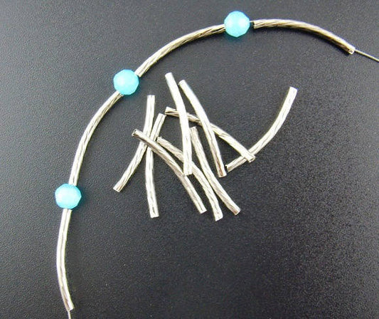 BD524 - 300 pcs. Antique Silver Noodle Tube Long Thin Carved Curved Beads - 25mm x 2mm (1") - Made of Copper! High Quality! Hole Size: 1.5mm