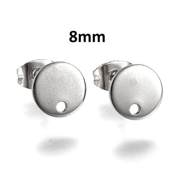 E342 - 10 pcs. (5 pairs) 304 Stainless Steel Silver Tone Earring Posts/Bases/Studs/Settings - 12mm Length - 8mm Diameter - Hole Size: 1.5mm