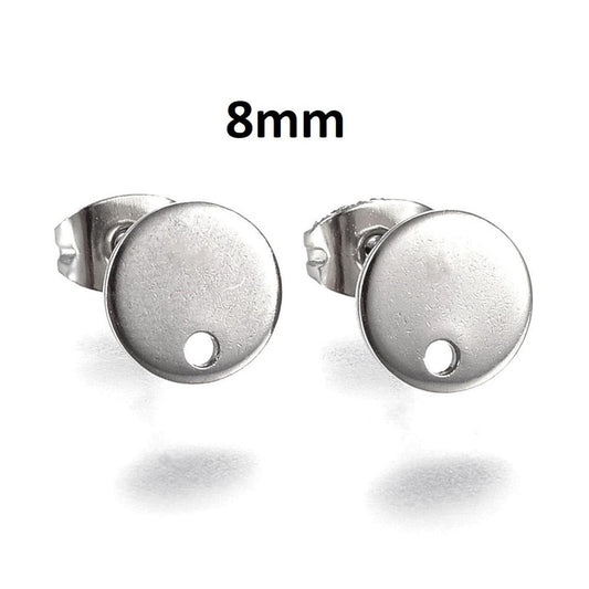 E342 - 10 pcs. (5 pairs) 304 Stainless Steel Silver Tone Earring Posts/Bases/Studs/Settings - 12mm Length - 8mm Diameter - Hole Size: 1.5mm