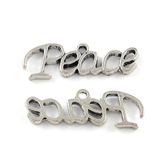 P307 - 10 pcs. Antique Silver "Peace" Charms Pendants - 28mm x 9mm (1.1")