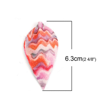 P799 - 10 pcs. Pink Orange Multicolor Faux Leather Dangle Charms Pendants - Pinch Leaf - Silver Tone Jump Ring - 63mm (2.5") - Double Sided - Waves