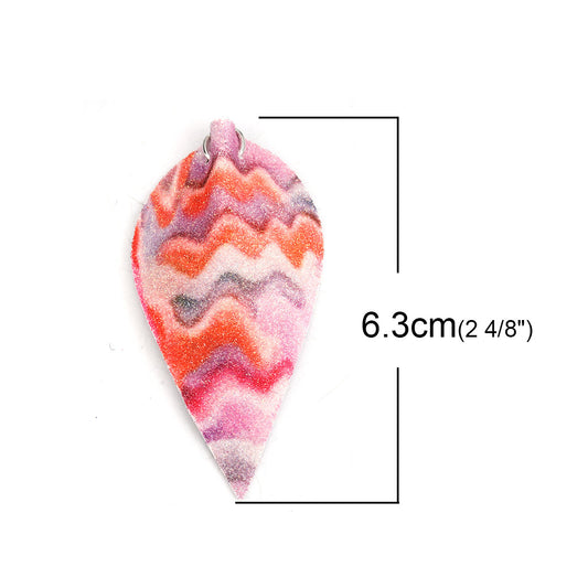 P799 - 10 pcs. Pink Orange Multicolor Faux Leather Dangle Charms Pendants - Pinch Leaf - Silver Tone Jump Ring - 63mm (2.5") - Double Sided - Waves