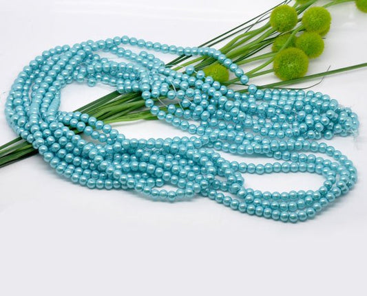 BD058 - 6mm Aqua Blue Glass Pearl Imitation Round Beads - 32 inch strand - Approx. 120 pieces - Hole Size: 1mm