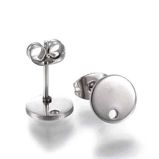 E342 - 10 pcs. (5 pairs) 304 Stainless Steel Silver Tone Earring Posts/Bases/Studs/Settings - 12mm Length - 8mm Diameter - Hole Size: 1.5mm