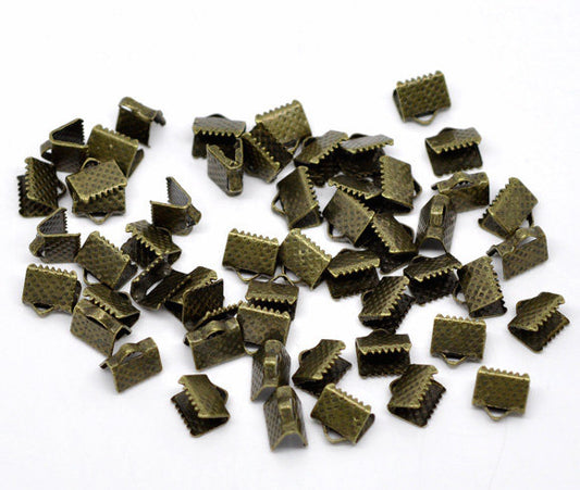 CR028 - 100 pcs. Antique Bronze Textured Ribbon Crimp End Caps - 8mm x 8mm - Great for 8mm Ribbons and Cords!