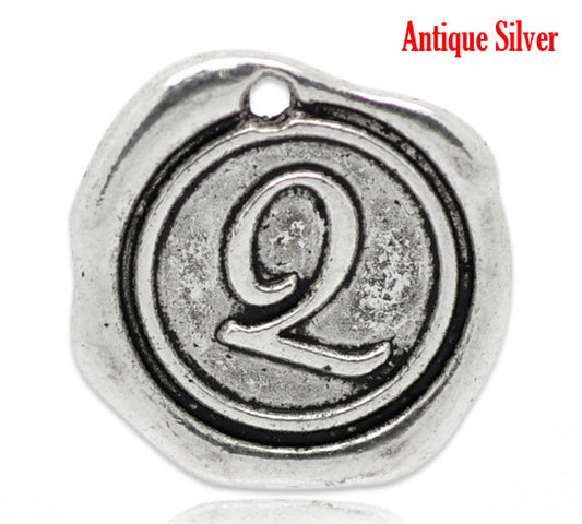 P629 - 35 pcs. Antique Silver LARGE Letter "Q" Alphabet Letter - 18mm x18mm - Wax Design