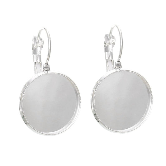 E062 - 10 pcs. Silver Plated Earring Clips Settings Lever Back Bezels Cabochons - 18mm Glue Pad Setting