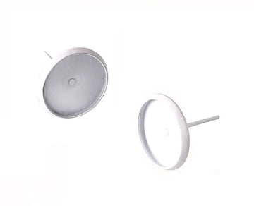 E182B - 30 pcs. White Earring Posts Studs Settings Bezels Cabochons Tacks- 12mm Glue Pad Setting - Includes Rubber Stoppers (Ear Nuts)!