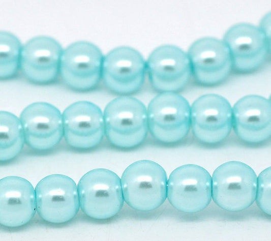 BD059 - 6mm Light Blue Glass Pearl Imitation Round Beads - 32 inch strand - Approx. 120 pieces - Hole Size: 1mm