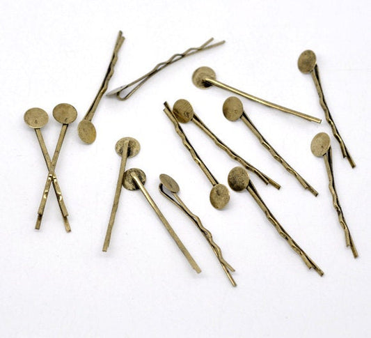 H063 - 100 pcs. Antique Bronze Bobby Pins - 8mm Glue Pad