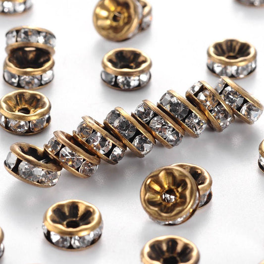 BD123 - 10 pcs Antique Bronze Clear Rhinestone Rondelle Spacer Beads - 8mm x 3.8mm - Grade AAA - Hole Size: 1.5mm - Crystal - Straight Edge