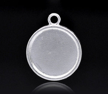 P595 - 10 pcs. Silver Plated Pendant Circle Posts Settings Bezels Trays Cabochons - 20mm Glue Pad Setting (Cameo Setting Diameter)