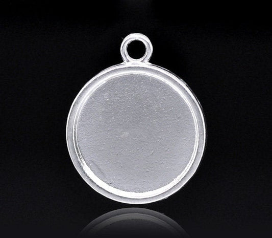 P595 - 10 pcs. Silver Plated Pendant Circle Posts Settings Bezels Trays Cabochons - 20mm Glue Pad Setting (Cameo Setting Diameter)
