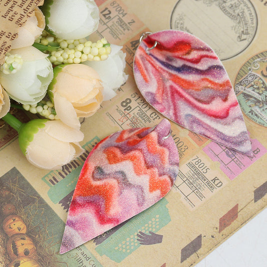 P799 - 10 pcs. Pink Orange Multicolor Faux Leather Dangle Charms Pendants - Pinch Leaf - Silver Tone Jump Ring - 63mm (2.5") - Double Sided - Waves