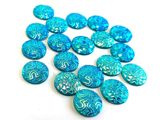 10 pcs Druzy Resin Embellishment Cabochons Aqua Blue Multicolor - 12mm (1/2 in) - Dome Circle - Textured Assortment