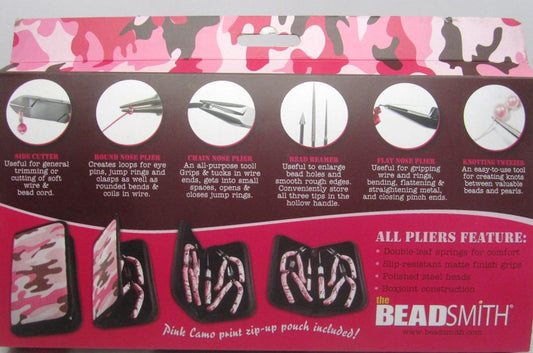 T073 - 6 pc. Camo Tool Plier Kit with Gun Handles - BeadSmith - Chain Nose, Round Nose, Flat Nose, Cutters, Tweezers, Reamer -Camo Zippered Pouch!