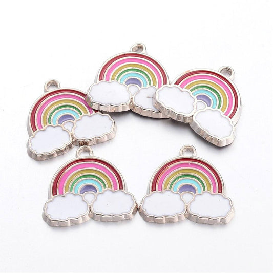 P509 - 10 pcs. Silver Tone Multicolored Rainbow Enamel Green Red Yellow Blue Pink Charms Pendants - 20mm - Hole Size: 2mm
