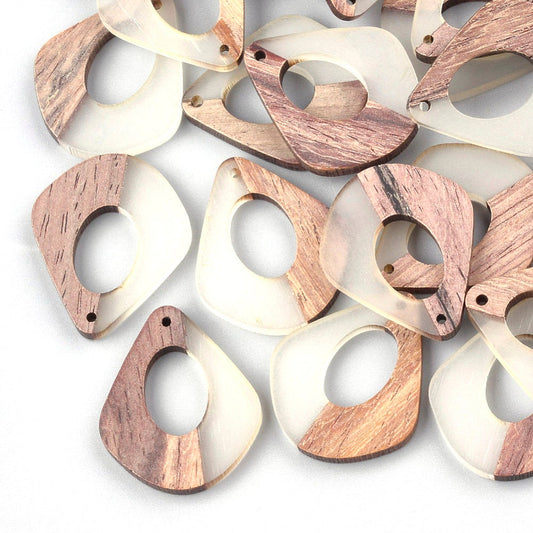 P1060 - 4 pcs. Clear Resin and Wood Teardrop Flat Pendant - 33mm x 28mm - (1.3" x 1.1") - MEDIUM - Great for Earrings and Necklaces!