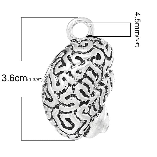 P358 - 1 pc. Antique Silver Anatomical Organ Brain Cerebrum Medical Charms Pendants - 36mm X 23mm - (1 3/8" x 7/8") - 3D - Double Sided - LARGE